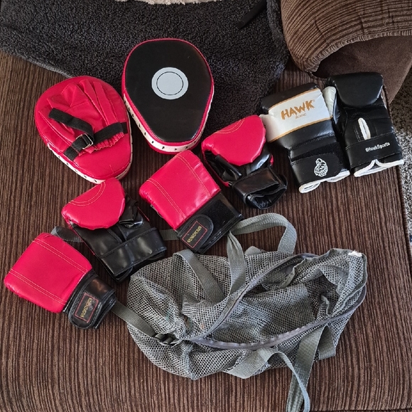 Red and Black Boxing Gloves and Pads Set